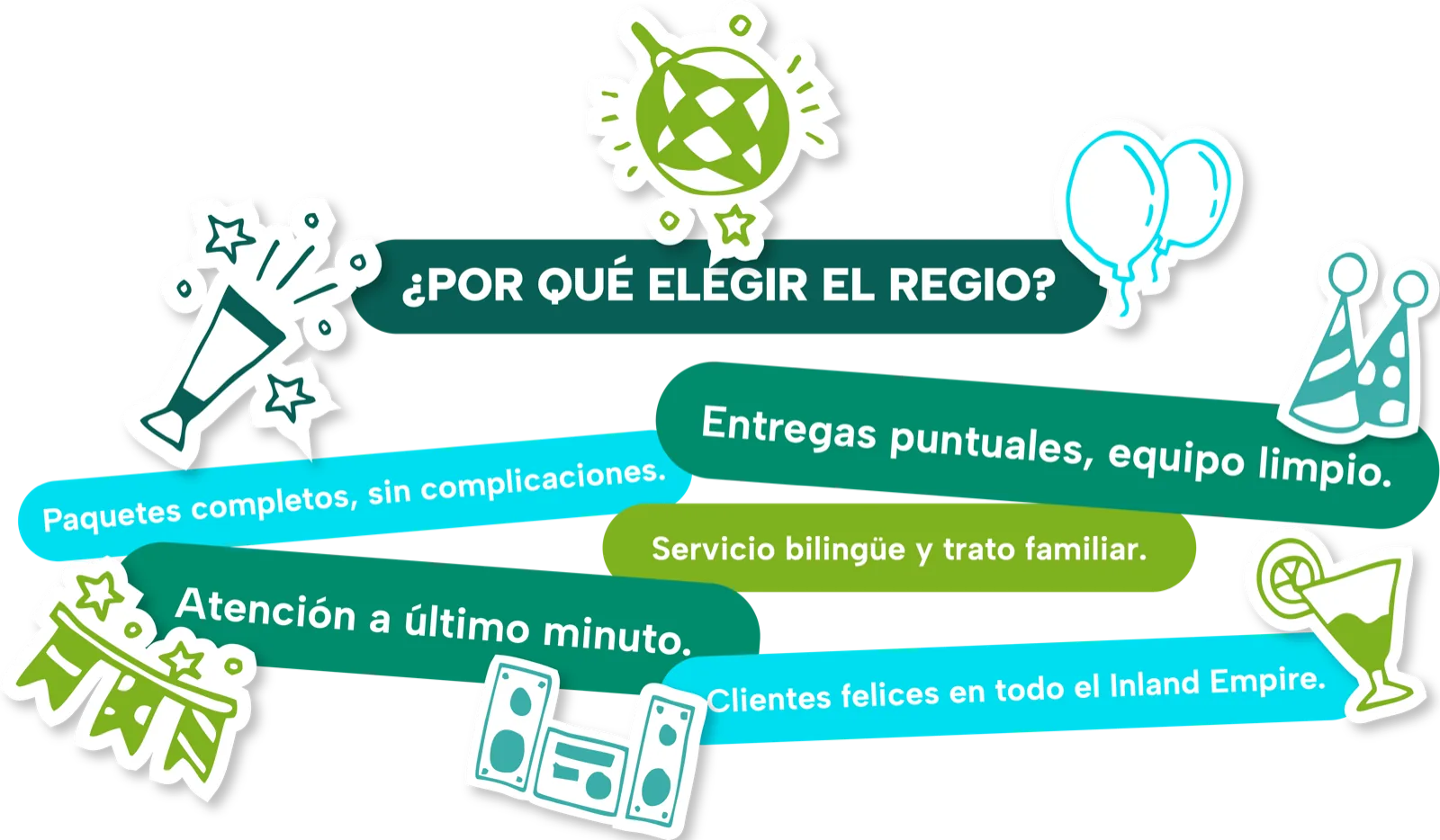 ¿Por qué elegir El Regio? Paquetes completos sin complicaciones, entregas puntuales y equipo limpio, servicio bilingüe y trato familiar, atención a último minuto, clientes felices en todo el Inland Empire